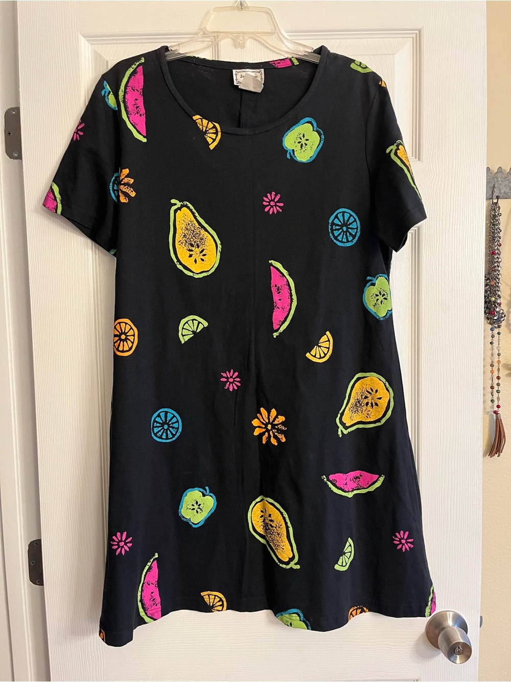 Jacqueline Studio 100% Cotton Black Fruit-Print Neon Shift Dress